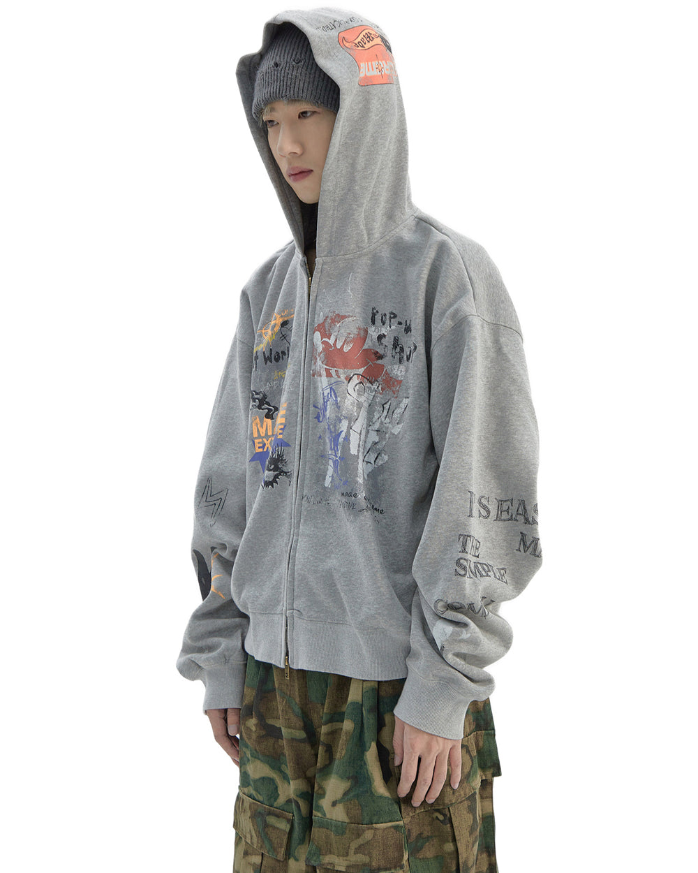 Vintage Distressed Letter Print Zip-Up Hoodie – Oversized Hip-Hop Sweatshirt