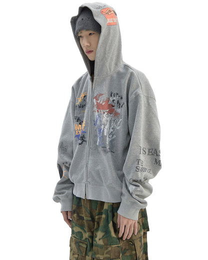 Vintage Distressed Letter Print Zip-Up Hoodie – Oversized Hip-Hop Sweatshirt