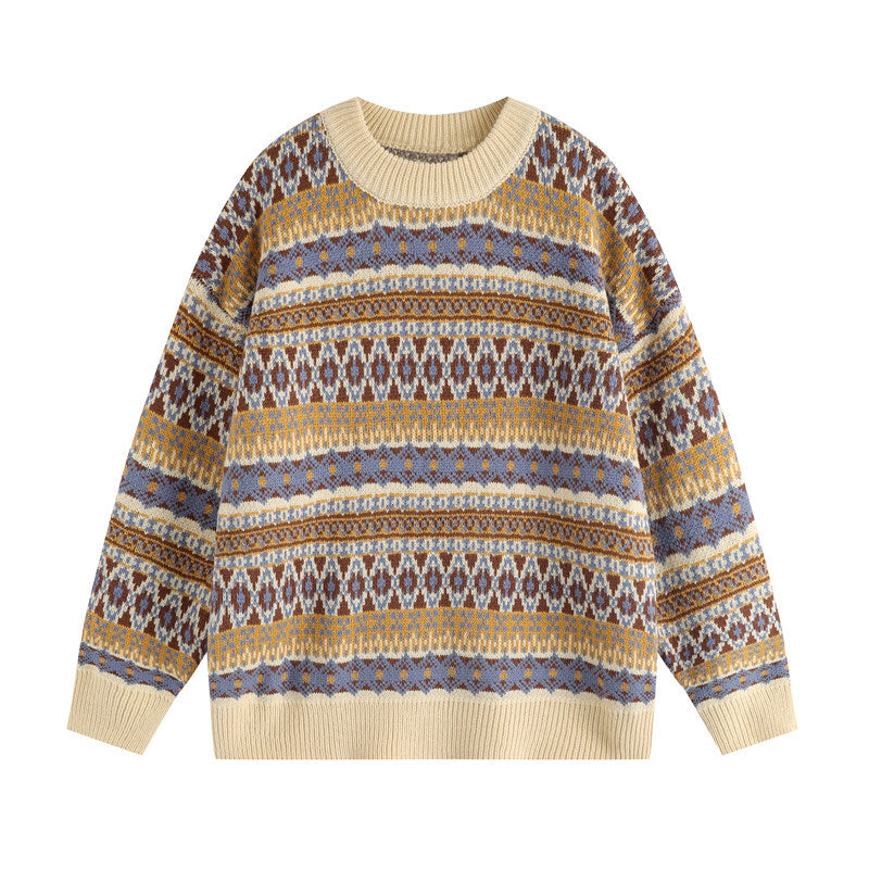 Fair Isle Vintage Knit Sweater – Oversized Unisex Brown Apricot