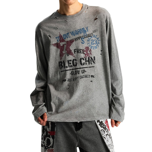 Vintage Distressed Ripped Long-Sleeve T-Shirt – Oversized Unisex Graphic Pullover Top – Japanese vintage | yamalin clothes | Yamalinclothes