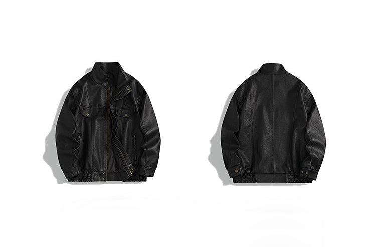 American Vintage Pebbled Leather Moto Jacket – Oversized Stand Collar Men's Coat