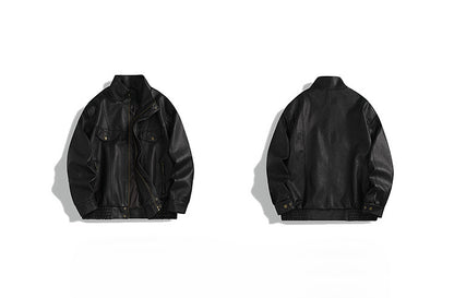 American Vintage Pebbled Leather Moto Jacket – Oversized Stand Collar Men's Coat