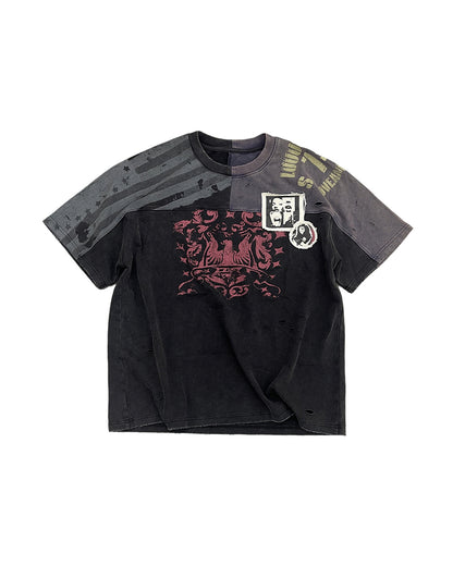 Distressed Patchwork Short Sleeve Shirt – Retro American Streetwear Unisex