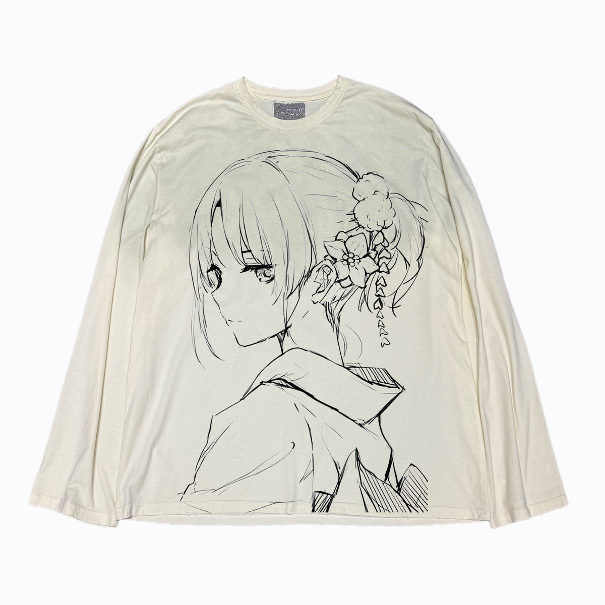 Anime Girl Print Distressed Long Sleeve T-Shirt – Japanese Illustration Loose Unisex