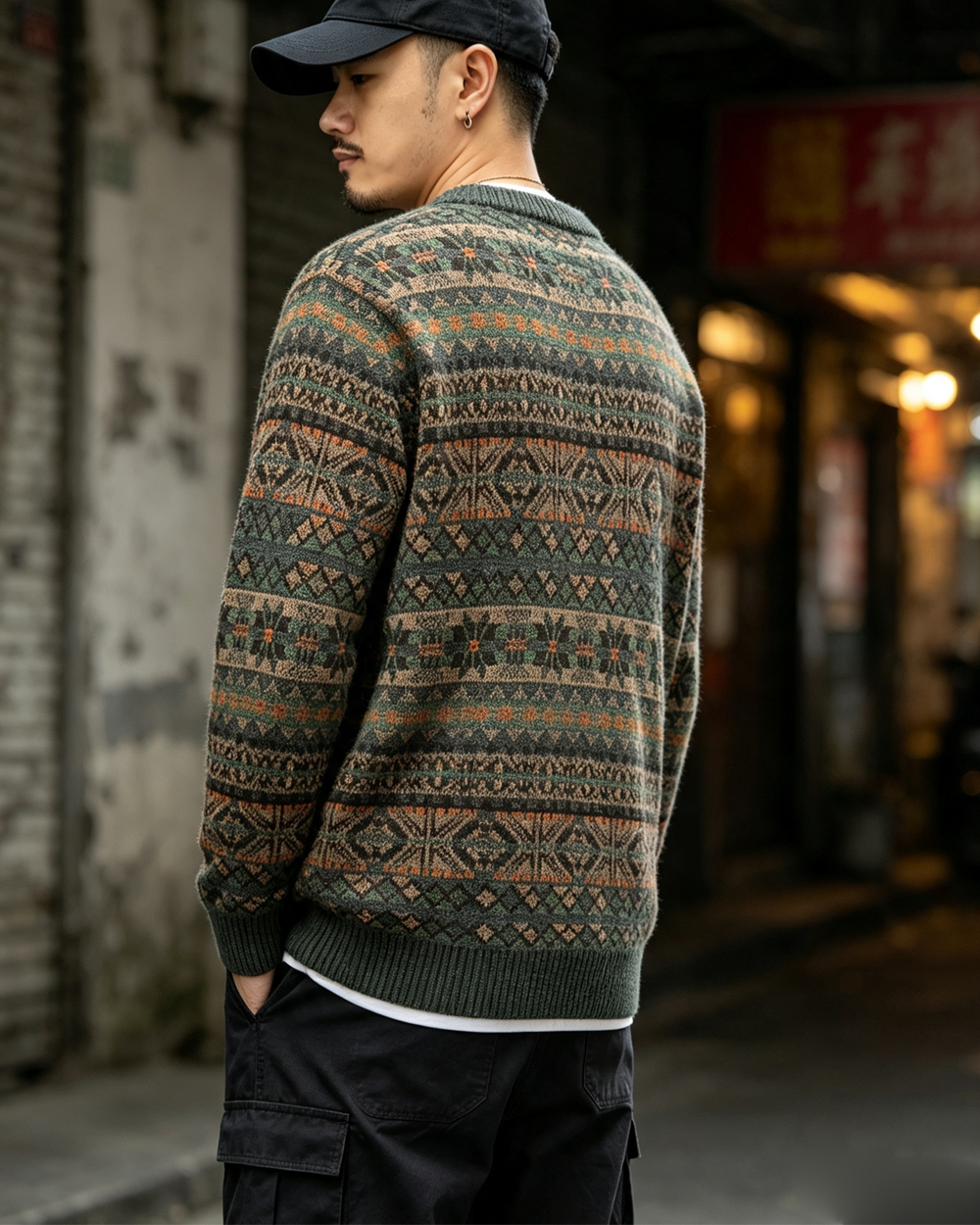 100% Wool Jacquard Stripe Crew Neck Sweater – Men's Thick Knit Pullover