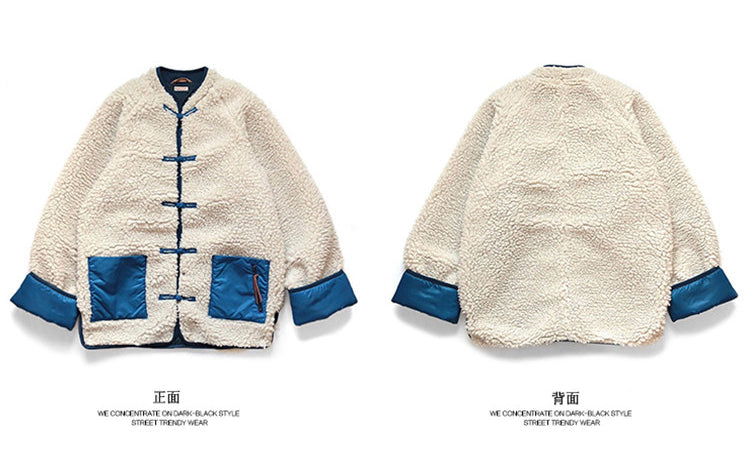 Japanese Artisan Tang Suit Fleece Jacket – Oversized Lamb Wool Lined Unisex Coat