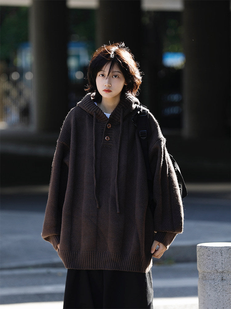 Japanese Hooded Knit Pullover – Unisex Oversized Thick Blue Coffee