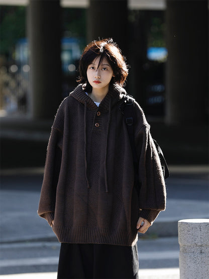 Japanese Hooded Knit Pullover – Unisex Oversized Thick Blue Coffee