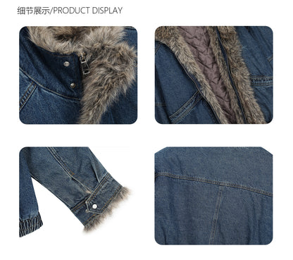American Vintage Deconstructed Washed Denim Fur-Collar Jacket – Oversized Unisex Trucker Coat