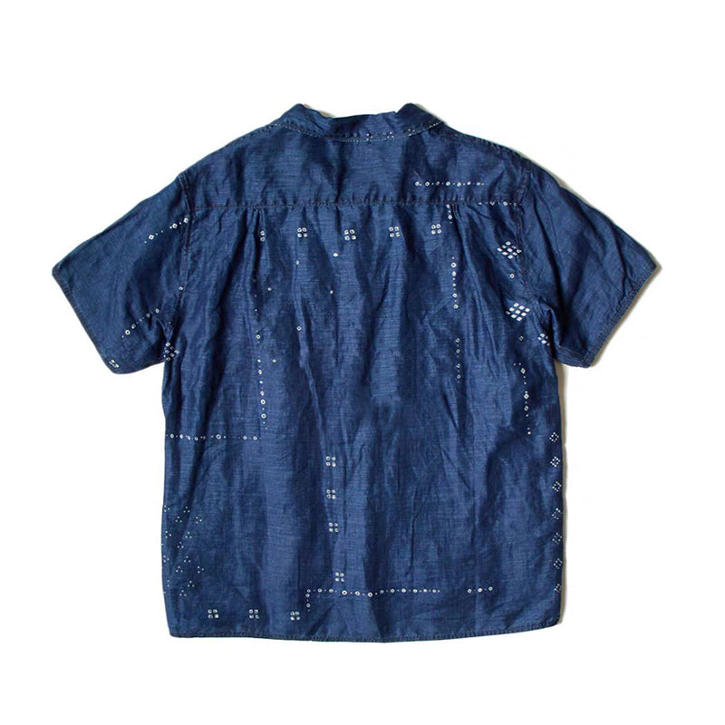 Blue Dyed Denim Print Stitching Shirt – Japanese Retro Unisex Casual