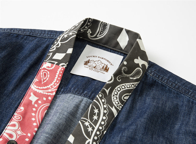 Japanese Retro Ethnic Washed Denim Kimono Jacket - Loose Vintage Workwear Shirt Robe for Men