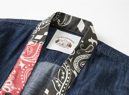Japanese Retro Ethnic Washed Denim Kimono Jacket - Loose Vintage Workwear Shirt Robe for Men
