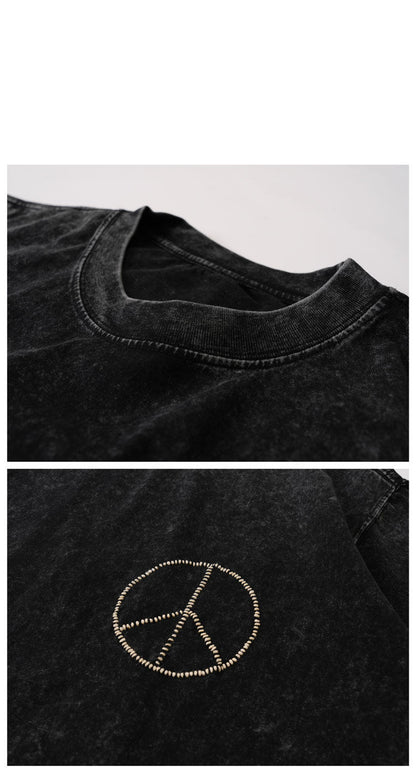High-gram heavy cotton heavy fried snowflakes hand-embroidered anti-war loose summer short-sleeved T-shirt trend drop shoulder tee | Japanese vintage | yamalin clothes | Yamalinclothes