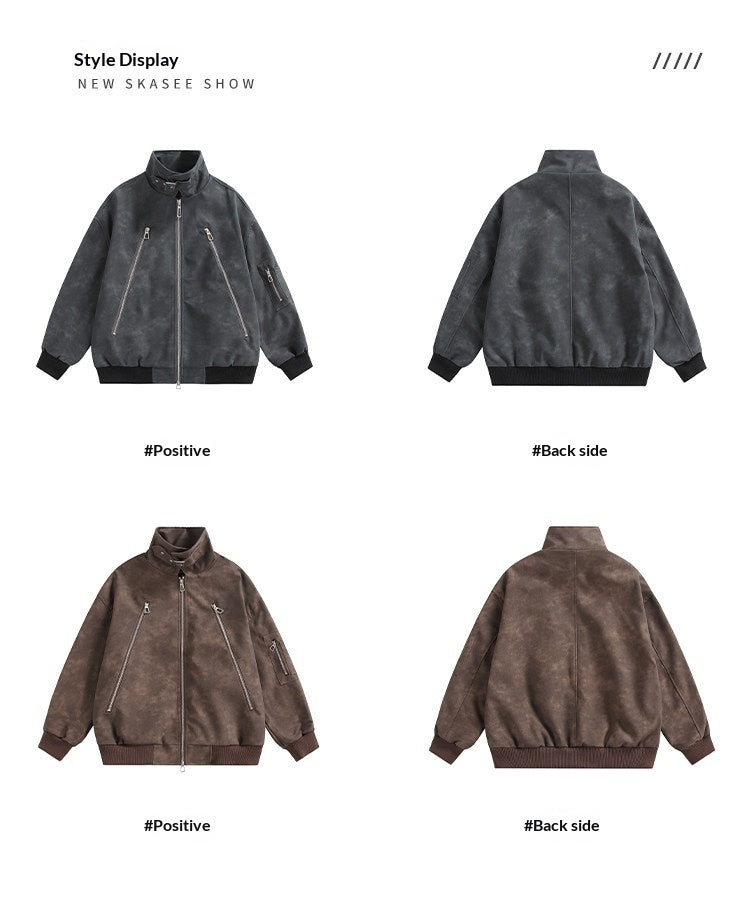 Double-Zip Stand-Collar PU Leather Jacket – Vintage Oversized Unisex