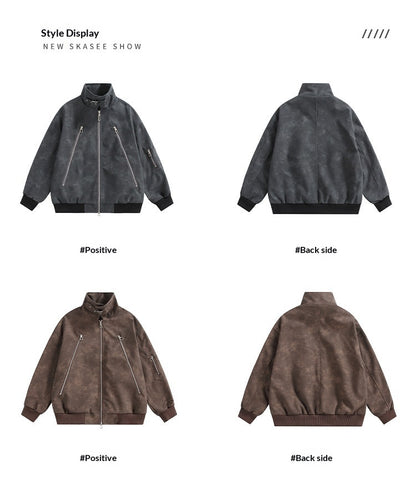 Double-Zip Stand-Collar PU Leather Jacket – Vintage Oversized Unisex