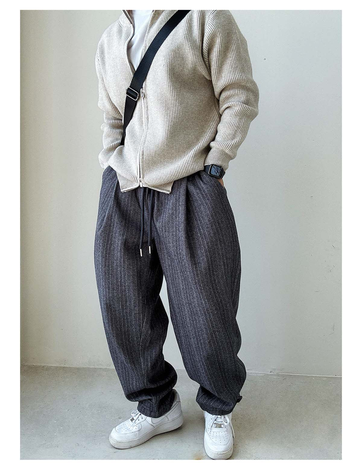 Herringbone Woolen Pants – Relaxed Straight Leg