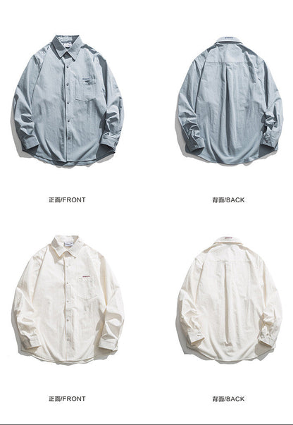 Japanese trend embroidery letter solid color lapel long sleeve shirt men's spring and autumn cleanfit shirt | Japanese vintage | yamalin clothes | Yamalinclothes