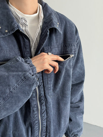 Vintage Distressed Padded Denim Jacket – Oversized Men’s Zipper-Trim Quilted Trucker Coat