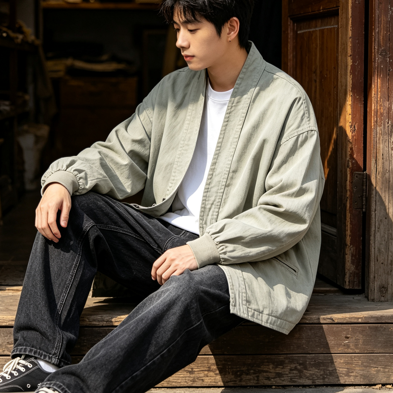 American Vintage Cotton Robe Jacket – Men's Loose Solid Casual Coat