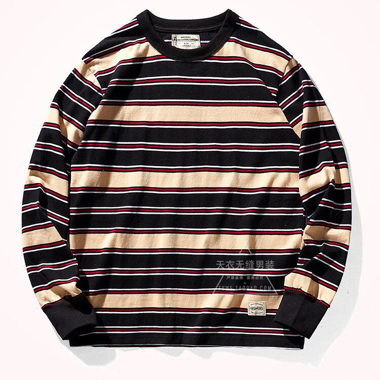 Heavy 300g Cotton Striped Long Sleeve T-Shirt – Japanese Retro Loose Unisex – T-Shirts | japanese streetwear | vintage workwear | unisex | Yamalinclothes