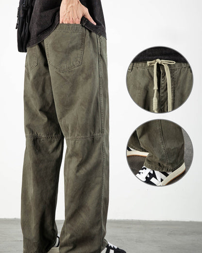 Army Green Straight Loose Elastic Waist Workwear Jeans – Unisex Casual