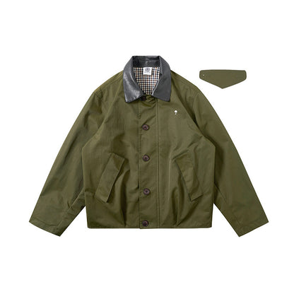 American Vintage Hunting Jacket – Heavy Leather-Collar Harrington Cargo Coat Unisex