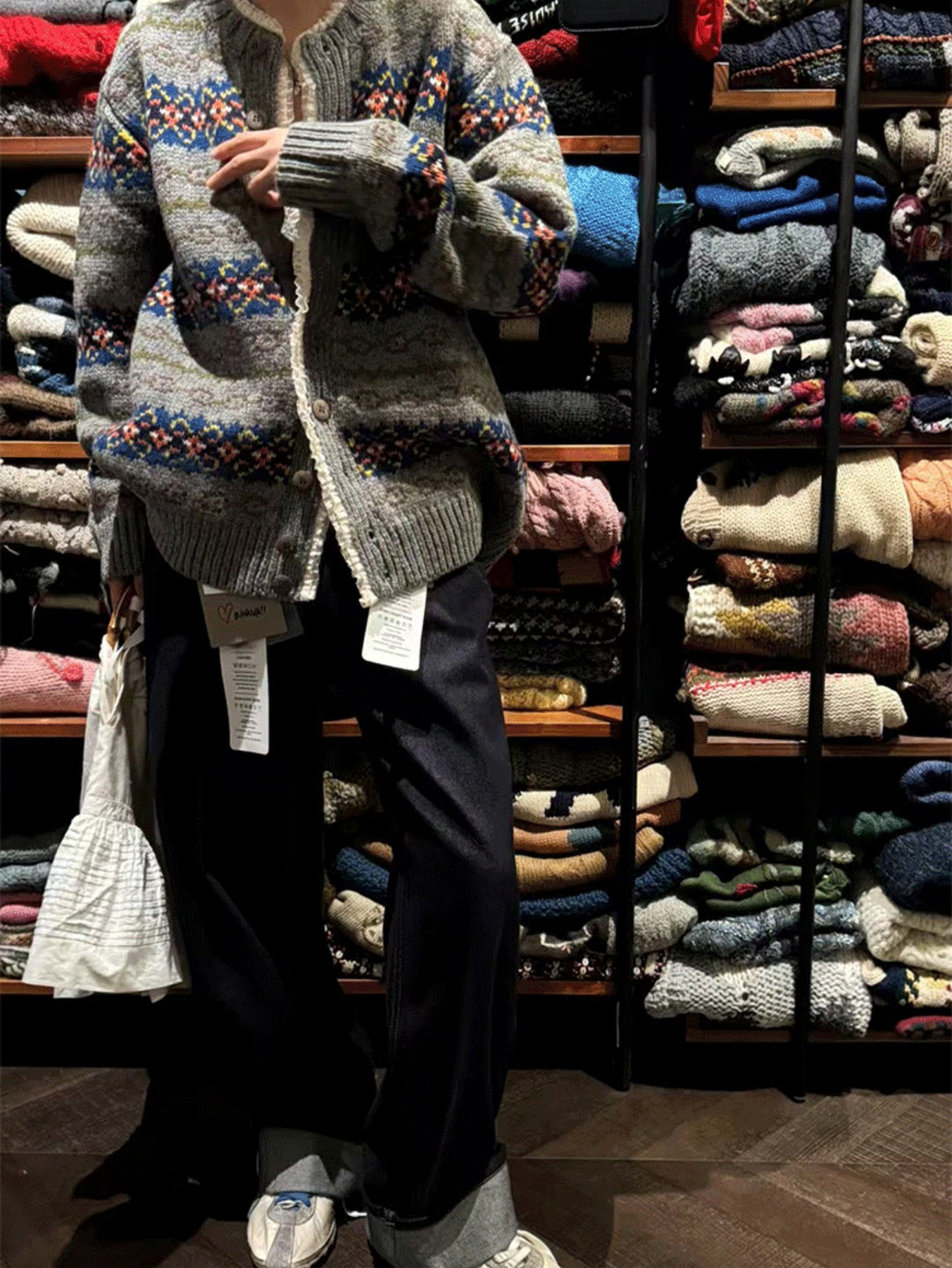 Fair Isle Lace Trim Wool Cardigan – Vintage Knit Jacket Women