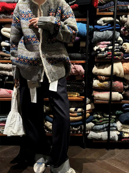Fair Isle Lace Trim Wool Cardigan – Vintage Knit Jacket Women