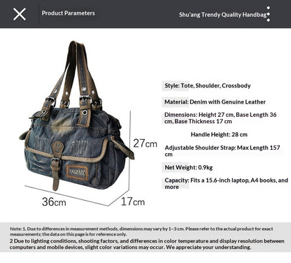 Washed Denim Leather Tote Bag – Vintage 3-Way Shoulder Crossbody Unisex – Bags | japanese streetwear | vintage workwear | unisex | Yamalinclothes