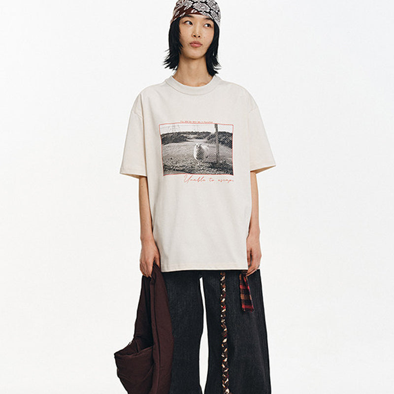 White ink direct printing cool-feel sun protection loose round neck short-sleeved shirt | Japanese vintage | yamalin clothes | Yamalinclothes