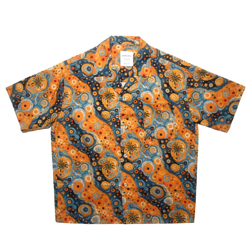 Seersucker Cuban Collar Printed Shirt – Men's Vintage Beach Short Sleeve