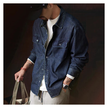 American Workwear Long Sleeve Denim Shirt Jacket - Loose Casual Vintage Denim Overshirt for Men