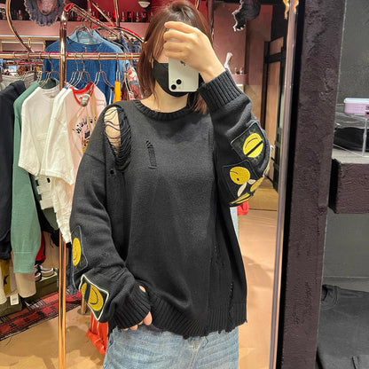 Classic Cut-Out Smiley Face Badge Sweater - Distressed Crew Neck (25AW)