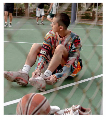 Japanese Retro Portrait Pattern Sweater - Red Crew Neck Pullover