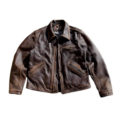 Stone-Washed Distressed Cowhide Leather Jacket – Men's American Retro Cargo Coat