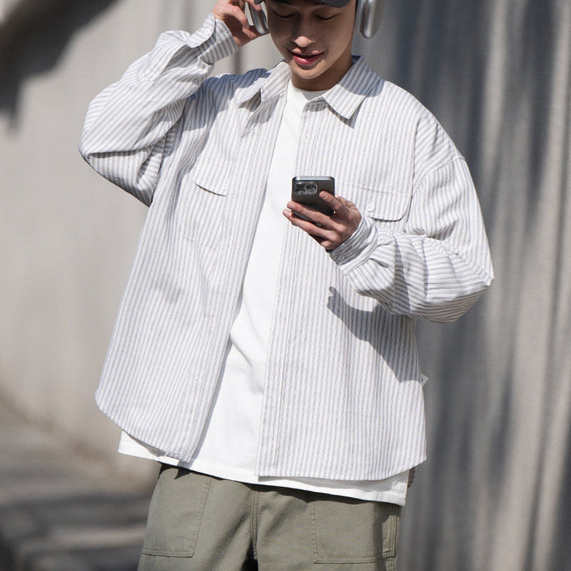Loose Striped Cotton Long-Sleeve Shirt – Oversized Silhouette Unisex Layering Top – Japanese vintage | yamalin clothes | Yamalinclothes