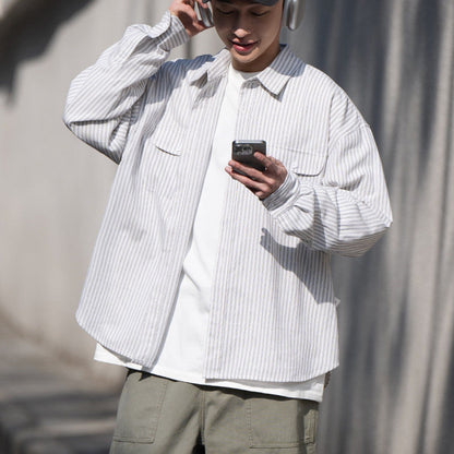 Loose Striped Cotton Long-Sleeve Shirt – Oversized Silhouette Unisex Layering Top – Japanese vintage | yamalin clothes | Yamalinclothes