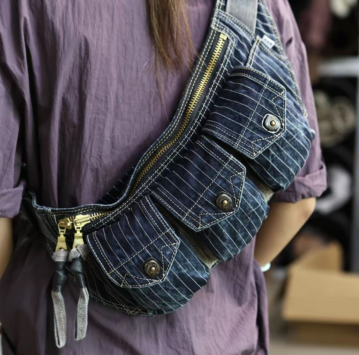 Washed Canvas Distressed Fanny Pack – Vintage 3-Way Chest Crossbody Unisex – Bags | japanese streetwear | vintage workwear | unisex | Yamalinclothes