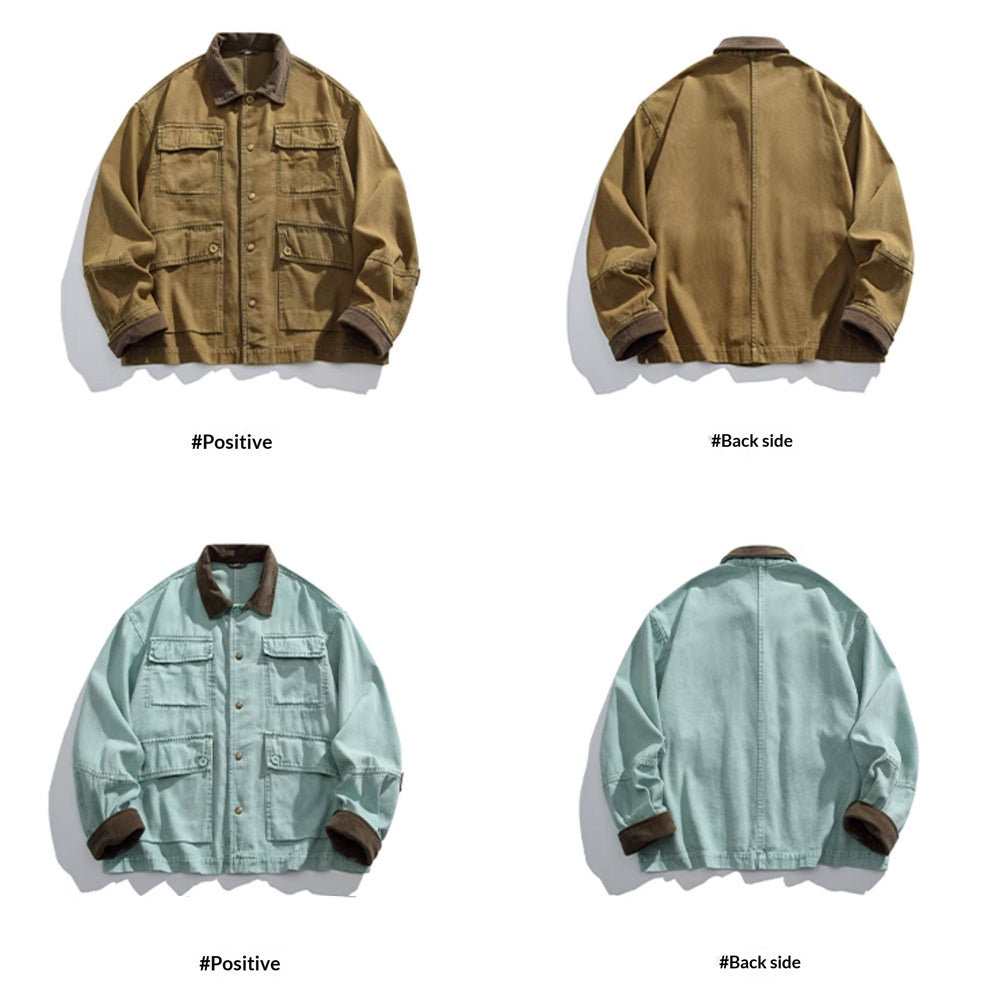 Cotton Cargo Jacket – Corduroy Collar & Four Pockets | Yamalin clothes | Vintage workwear outfit for men