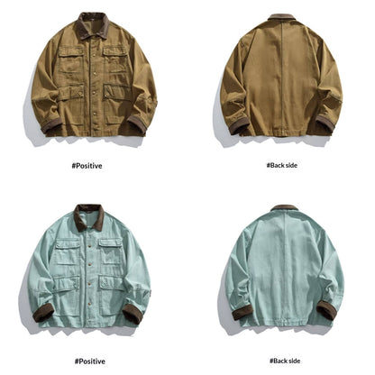Cotton Cargo Jacket – Corduroy Collar & Four Pockets | Yamalin clothes | Vintage workwear outfit for men