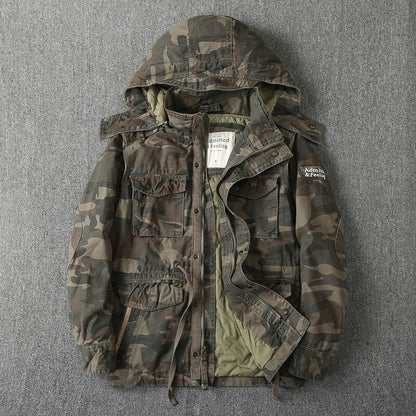 Heavy Distressed Hooded Camouflage Cargo Jacket – Oversized Cotton Outdoor Coat