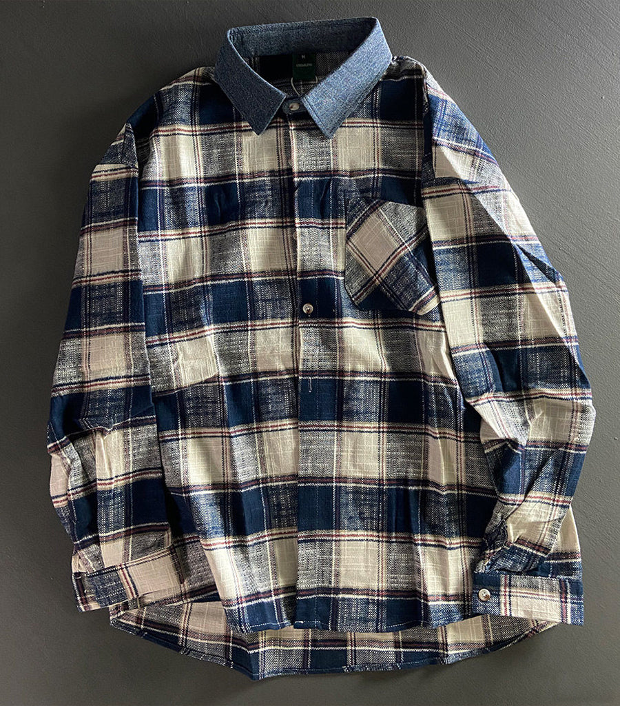 Japanese Vintage Spliced Collar Oversized Plaid Cotton Shirt – Unisex Long-Sleeve Check Shirt – Japanese vintage | yamalin clothes | Yamalinclothes