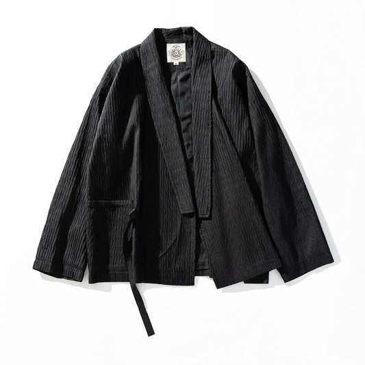 Japanese Kami-Print Haori Kimono Jacket – Lapel Buckle Pleated Oversized Coat – Japanese vintage | yamalin clothes | Yamalinclothes