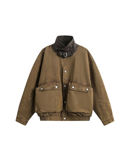 Washed Patchwork Lapel Cargo Jacket – American Retro Oversized Unisex