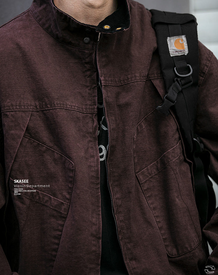Japanese Retro Deconstructed Stand Collar Hunting Cargo Jacket – Loose Drop Shoulder for Men | Japanese vintage | yamalin clothes | Yamalinclothes