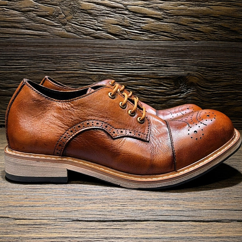 Vintage Brogue Carved Cowhide Leather Shoes – Men's Distressed Brown