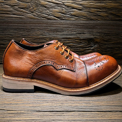 Vintage Brogue Carved Cowhide Leather Shoes – Men's Distressed Brown