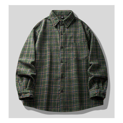 Brushed Plaid Long Sleeve Shirt Jacket – Vintage Loose Unisex Casual