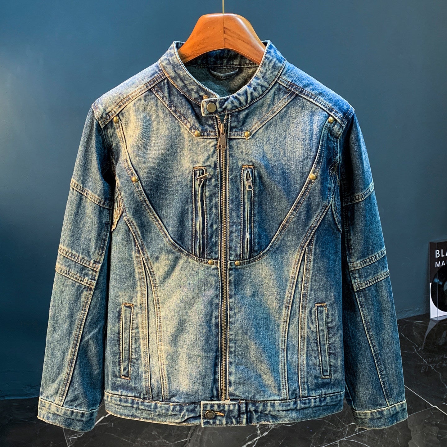 American Utility Stand-Collar Zipper Denim Jacket – Vintage Oversized Men’s Trucker Coat