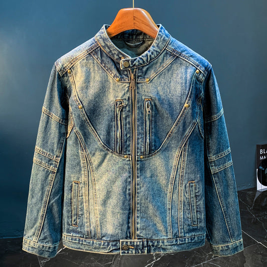 American Utility Stand-Collar Zipper Denim Jacket – Vintage Oversized Men’s Trucker Coat – Japanese vintage | yamalin clothes | Yamalinclothes